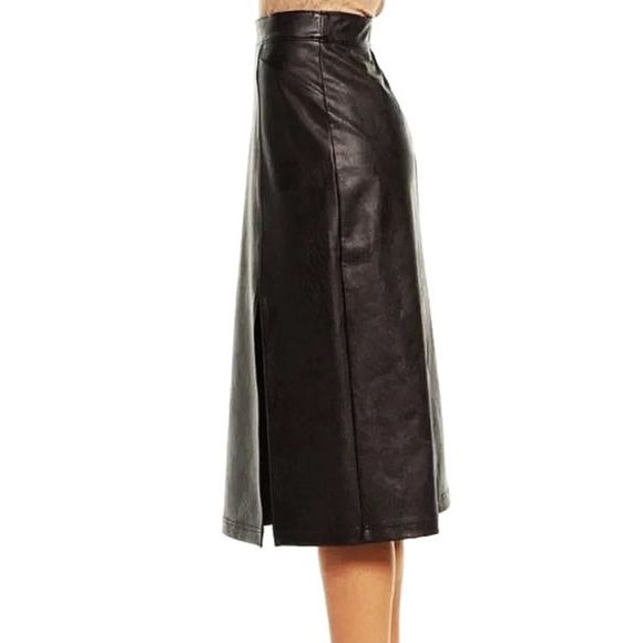 Spanx Leather-Like Midi Skirt Noir A-Line Shiny High-Waist Pencil Mid-Length S - Picture 3 of 12